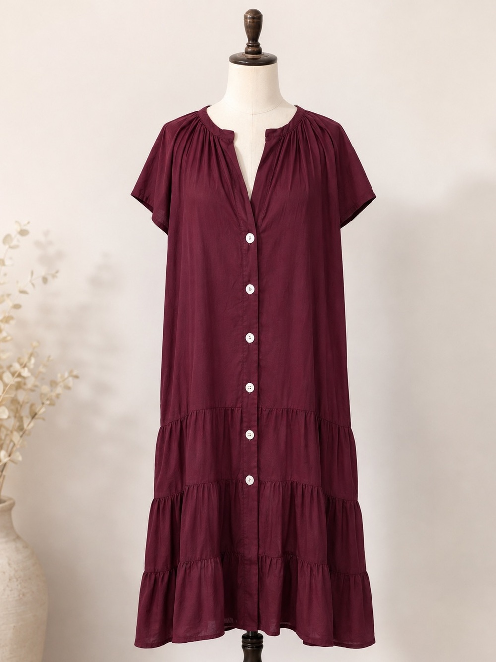 Erika Peña One Size Burgundy Cotton Voile Tiered Button Front Dress Boho